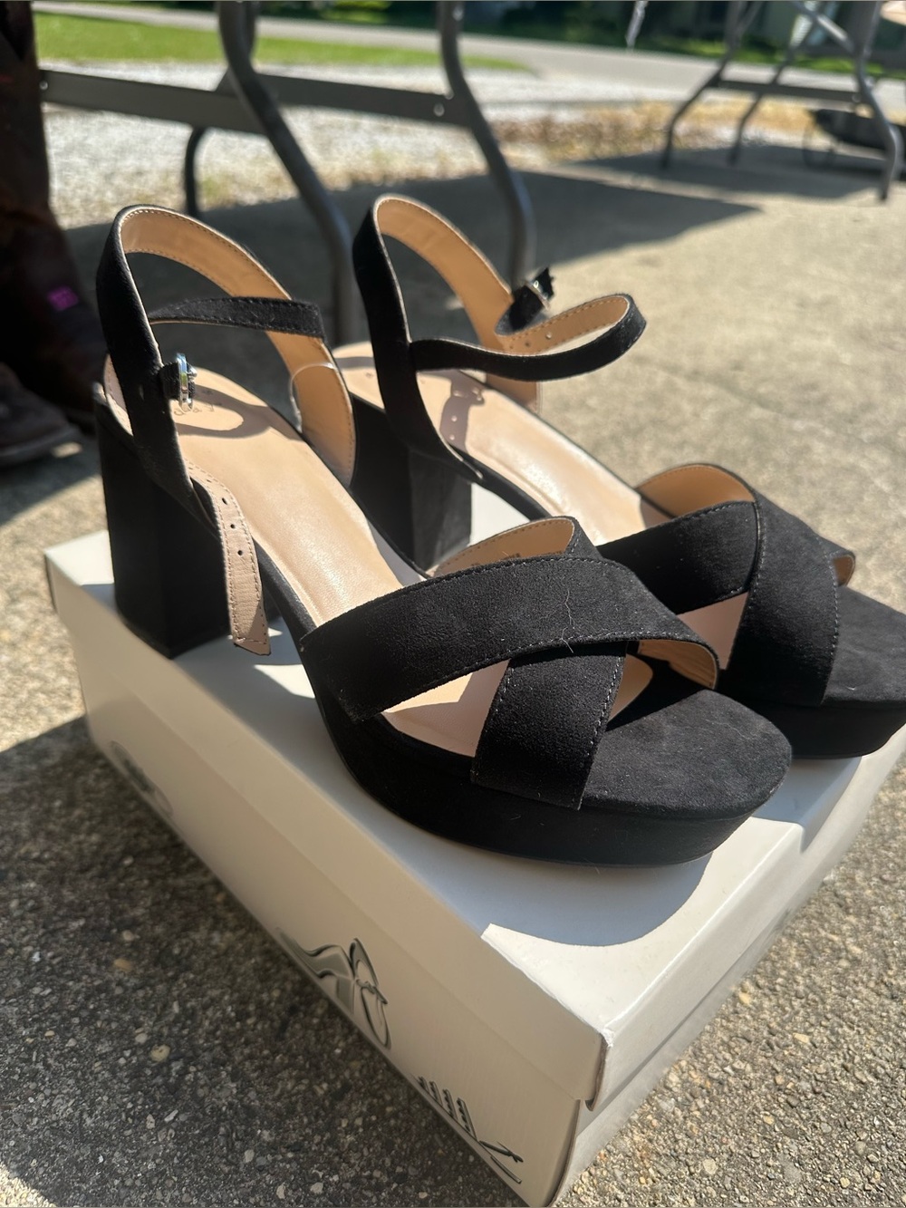 Black Suede Platform Block Heel Sandals - Women 7.5
